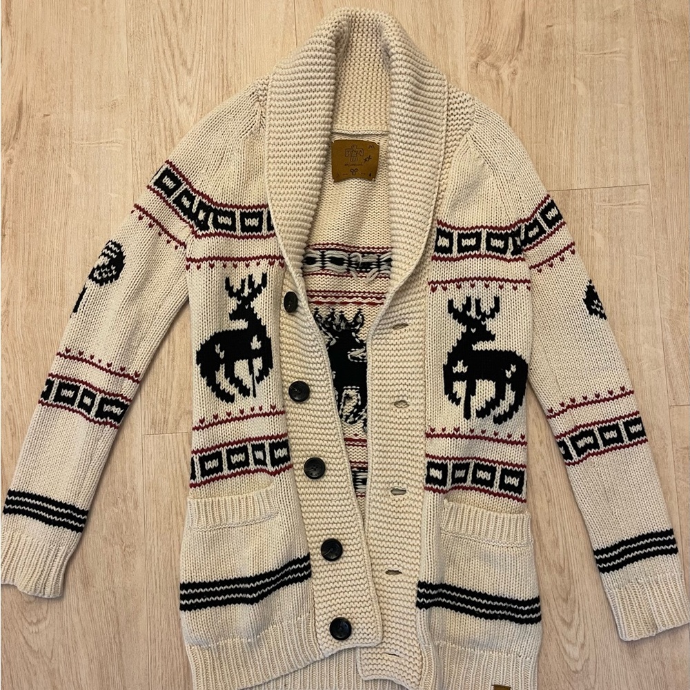 Cream Cardigan with Reindeer Pattern